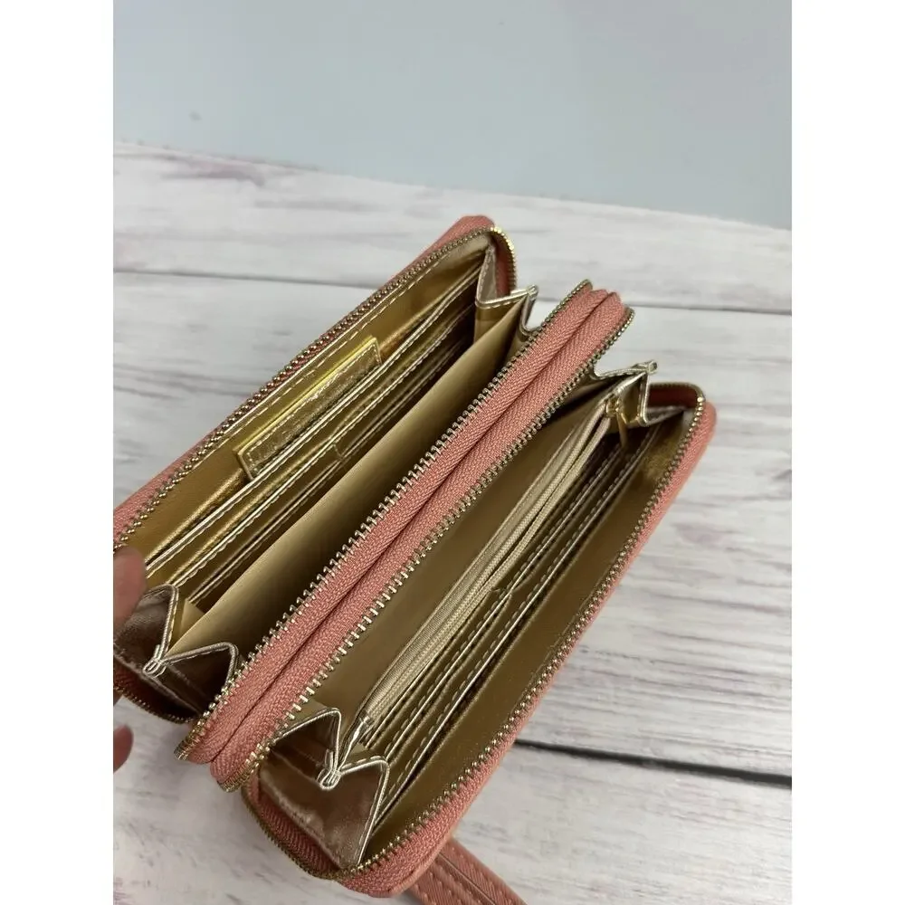 Under One Sky Coral Wallet Dual Zipper‎ Wrist Strap Flower design Studs EUC